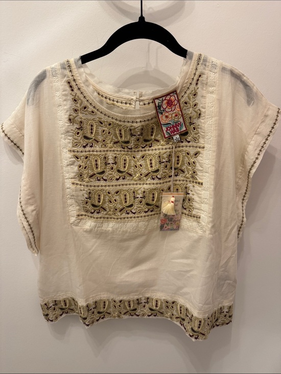 Johnny Was Tops - Johnny Was Cream Embroidered Short Sleeve Cotton Blouse